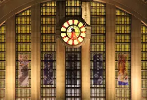 Lighted Prints: A Building Facade And Clock With It's Night Lights On, Cincinnati Ohio, USA