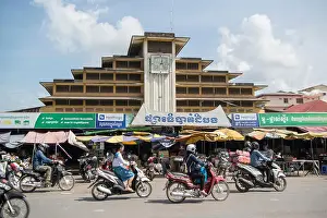 Central Market Prints: the Building of the Psar Nat market in the city centre of Battambang in Cambodia