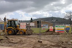 Building Site Prints: building site outside a school on Tonyrefail South Wales with safety warning signs
