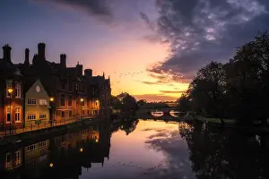 Towpath Prints: Buildings reflected in the still waters of the River Great Ouse at sunrise in Bedford