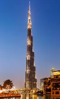 Dubai Skyline Prints: Buj Khalifa illuminated at night, Dubai City, United Arab Emirates, UAE, Middle East