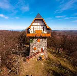 Hungary Landscape Prints: Buják, Hungary - Aerial view of the famous Sasbérc lookout tower which is the highest point of Cserhát mountain