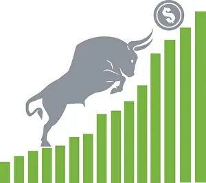 White Vector Vectors Prints: Bull moves Dollar up on graph, positive currency market, white background