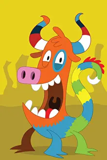 Amphibian Prints: Bull with stripe horn alien monster with colored dragon tail