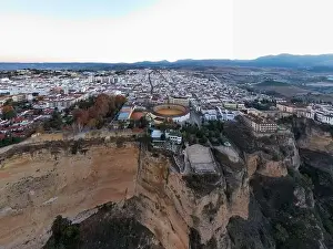 Toros Prints: Bullring of the Royal Cavalry of Ronda aerial view at sunrise in Spain
