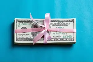 Wages Prints: a bundle of dollars tied with a pink ribbon on a blue background