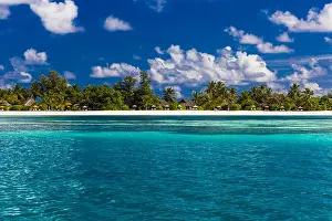 Bungalows on a tropical island with palm trees and amazing vibrant beach