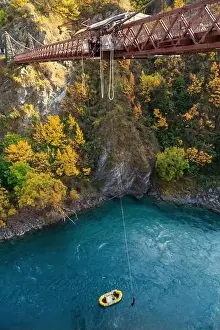 Inflatable Prints: Bungy jumping from the Kawarau Gorge Suspension Bridge in the South Island of New Zealand