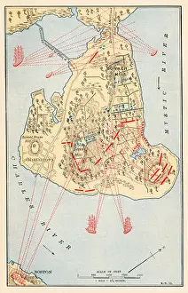 1770s Prints: Bunker Hill battlefield map, 1775, American Revolution. Color lithograph