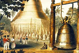 Aquatint Prints: Burma/Myanmar: British soldiers on the terrace of the Great Dagon Pagoda (Shwedagon) at Rangoon