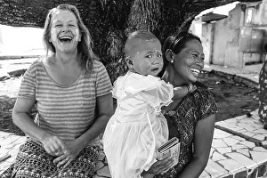 Mandalay Prints: A Burmese Child Is Frightened At The Sight Of A Caucasian Female Tourist The Kuthodaw Pagoda