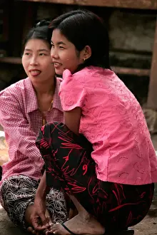 Burmese Prints: Burmese girls at the market in the village of Shwesitaing at the foot of Mount Popa