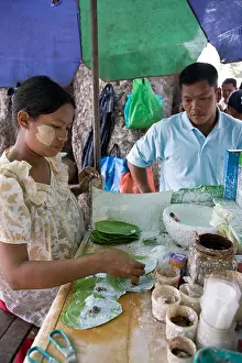 Burmese Prints: Burmese woman making paan (betel leaves with areca nuts). Amarapura. Myanmar