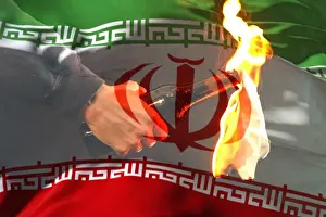 Threat Prints: A burning bottle with a wick in the hand of a man against the background of the Iranian flag