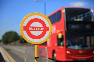 Reliable Prints: Bus approaching temporary bus stop, in east London, England, UK
