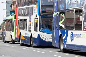 Buses in a row in Preston City centre, Lancashire, UK