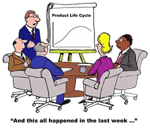 Maturity Prints: Business cartoon of meeting and chart showing a complete product life cycle
