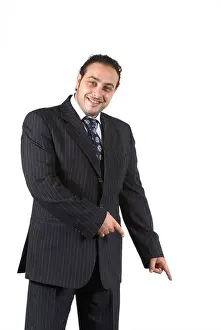 Occupations Prints: Business man pointing down with two hands smiling