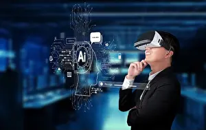 Reality Prints: A business professional explores innovative chatbot technology with virtual reality