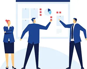 Coaching Prints: Business team analyzing financial charts and graphs showing company growth during a presentation meeting