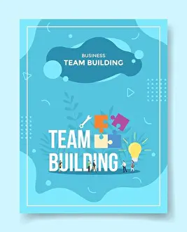 Wrench Prints: business team building people around word team building piece puzzle wrench bright bulb lamp for template of banners