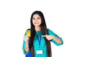 Adult Woman Prints: One Business woman Executive Holding Debit card Pointing Finger Showing