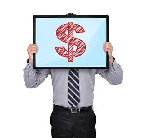 Revenue Prints: businessman holding a plasma panel with dollar symbol