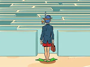 Goggles Prints: a businessman man in a scuba diving mask stands in front of a maze