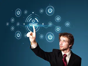 Touch Prints: Businessman pressing simple type of start buttons
