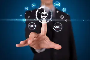 Select Prints: Businessman pressing virtual promotion and shipping type of icons