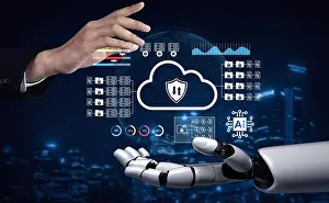 Interaction Prints: A businessman reaches for a cloud icon representing security and artificial intelligence
