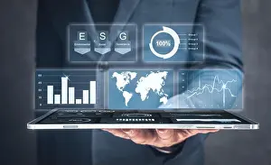 Big Data Prints: Businessman use tablet for analyze return on investment ESG