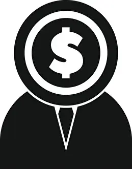 Earning Prints: Businessman wearing suit with dollar coin head replacing his real head representing money oriented person