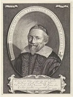 Theology Prints: Bust to the left of Leiden Theologian André Rivet at the age of 59 in an oval with text in Latin on a banderole along