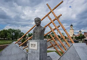 Stronghold Prints: Bust of Transylvanian Romanian lawyer Avram Iancu in front of Alba Carolina Fortress in Alba Iulia city located in Alba