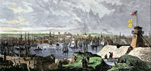 Naval Base Prints: Busy port of Baltimore, Maryland, 1870s, viewed from Federal Hill. Hand-colored woodcut