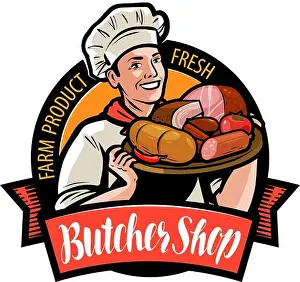 Fillet Prints: Butcher shop logo or label. Happy cook holding a tray with meat products