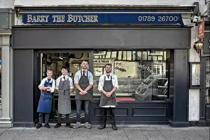 Stratford Upon Avon Prints: Butchers UK, shop and staff, Stratford upon Avon, England