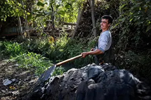 Diseases Prints: Buzruk Akmetov clears debris from an irrigation canal called an aryk in the village of Beshkent