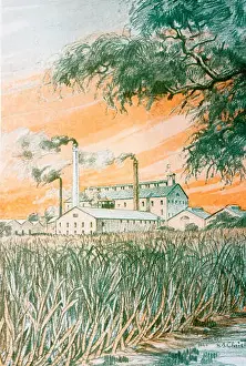 Smokestack Prints: C.1926, H.B. Christian Art, Hawaii, Duatone Illustration Of Sugarcane Field And Refinery