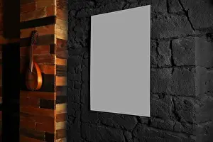 Cafe sign hanging on grey brick wall background