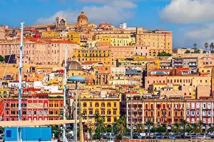 Cagliari, Sardinia, Italy coastal skyline on the Mediterranean Sea
