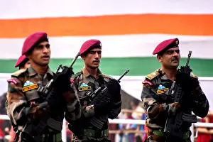 Assault Rifle Prints: Calcutta, India - January 24, 2023: Indian army practice their parade during republic day