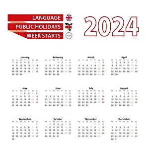 English Language Prints: Calendar 2024 in English language with public holidays the country of Kenya in year 2024