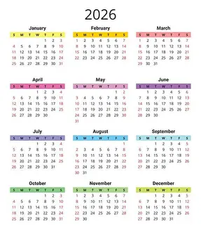 Calender Prints: Calendar for 2026 year. Each month in a different color