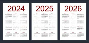 Monthly Prints: Calendar grid for 2024, 2025 and 2026 years