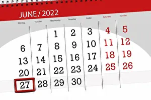 Monday Prints: Calendar planner for the month june 2022, deadline day, 27, monday