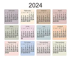 Calendar template for the year 2024 in simple minimalist style horizontal orientation, abstract colorful boho pastel colored square shape background