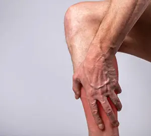 Knee Prints: Calf muscle pain. Man hand holding leg with red point closeup