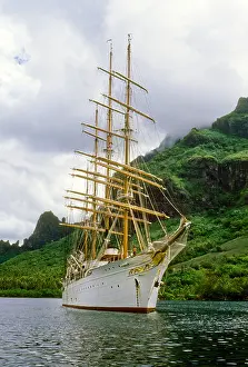 Credit Card Prints: calm anchor tall ship mast white cruise boat four-mast green mountain hill